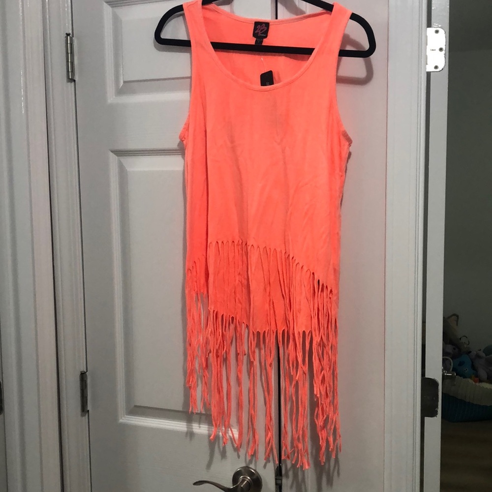 Fringed Sleeveless Tank Top in Neon Coral Pink